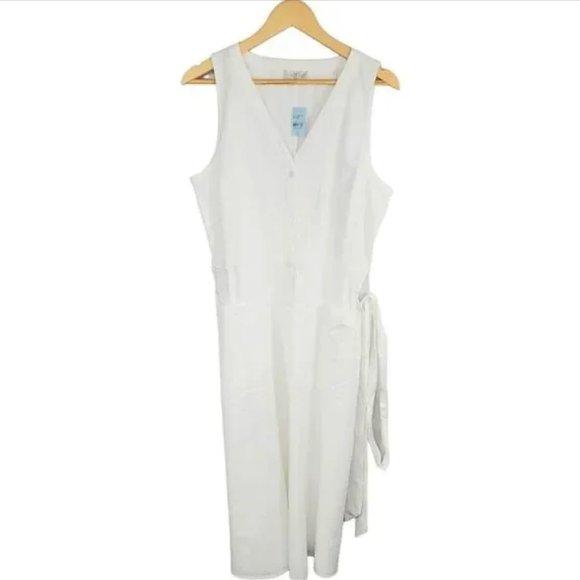 Size 2 Loft White Button Down Dress with Pockets and Tie - Picture 1 of 4